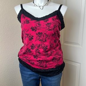 Red Tank with Black Roses & Lace